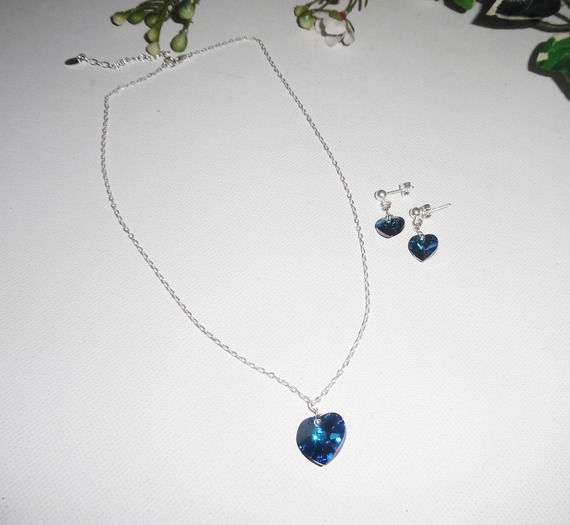 Parure Pendentif coeur bleu en cristal de Swarovski sur chaine argent 925