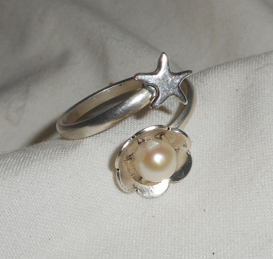 Original Ring aus Silber 925 Blume Zuchtperle und Seestern