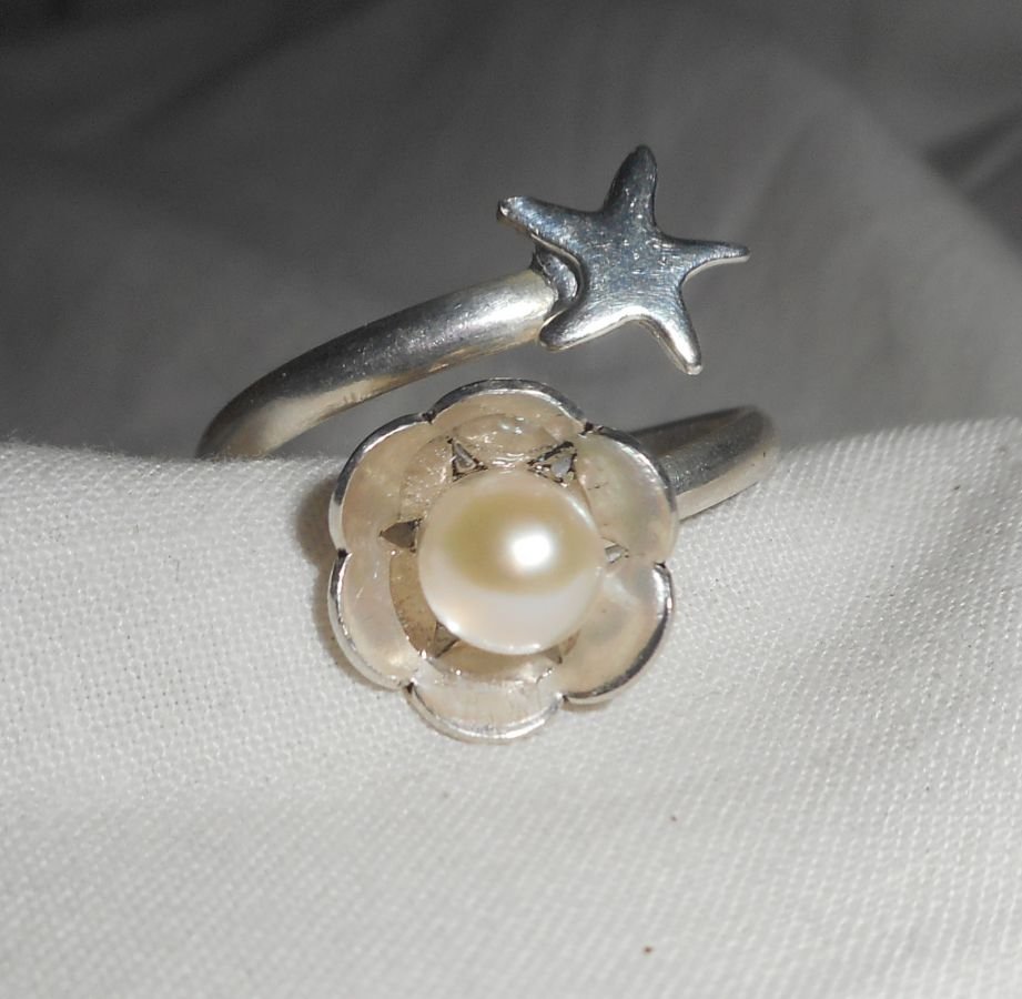 Original Ring aus Silber 925 Blume Zuchtperle und Seestern