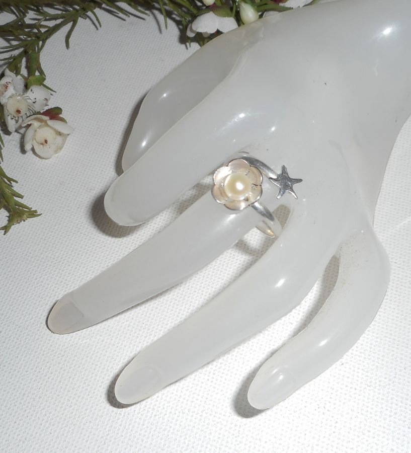 Original Ring aus Silber 925 Blume Zuchtperle und Seestern