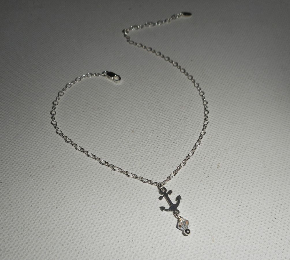 Fußkette/Armband mit Anker und Kreisel in Kristall an einer Kette aus 925er Silber