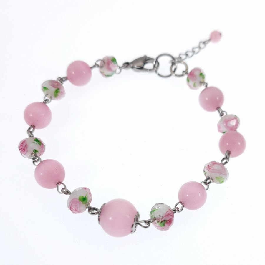 Armband aus rosafarbener Glasperle mit Blumenmuster 