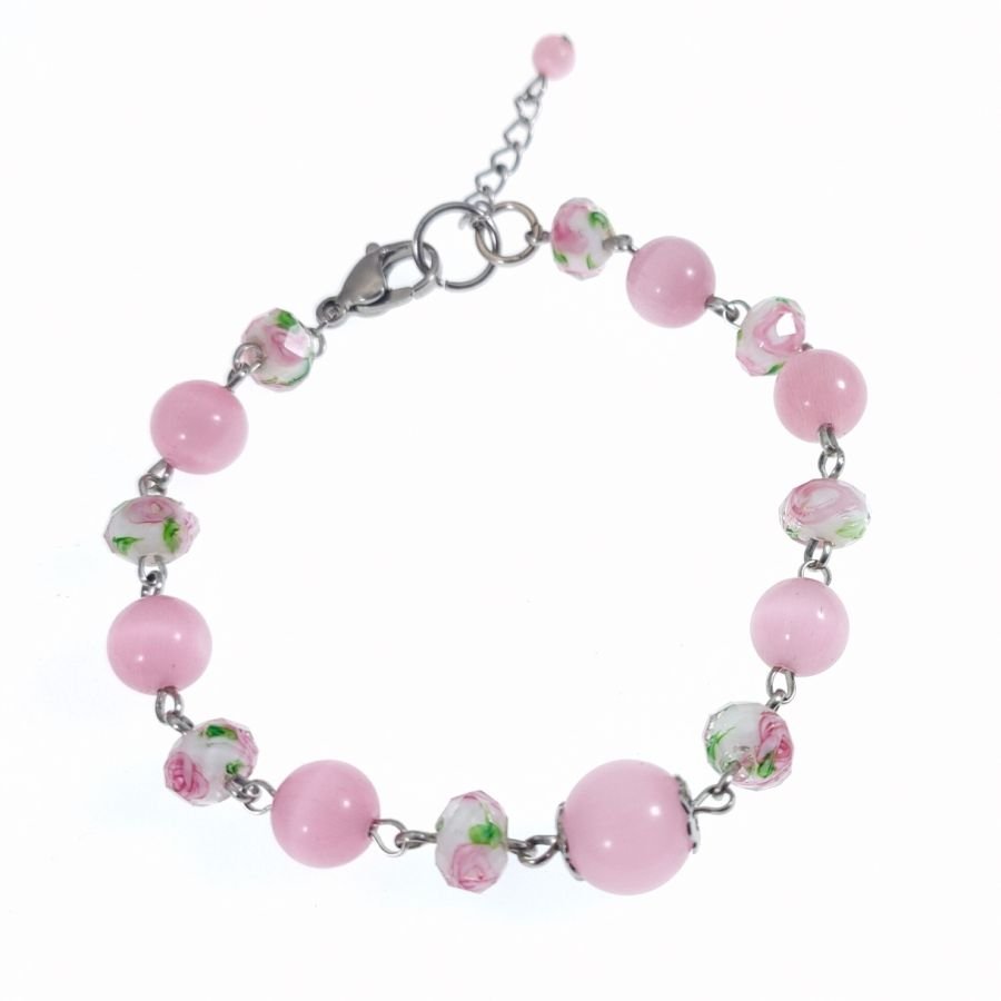 Armband aus rosafarbener Glasperle mit Blumenmuster 