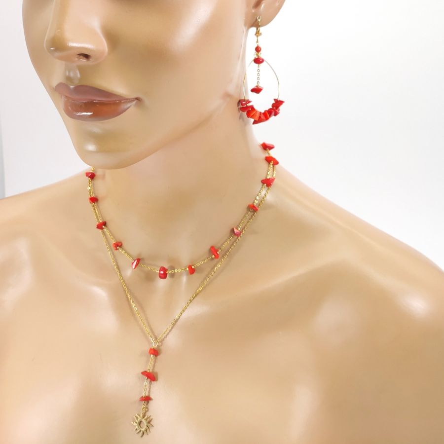 Doppelreihige Halskette aus rotem Gorgon mit Sonne