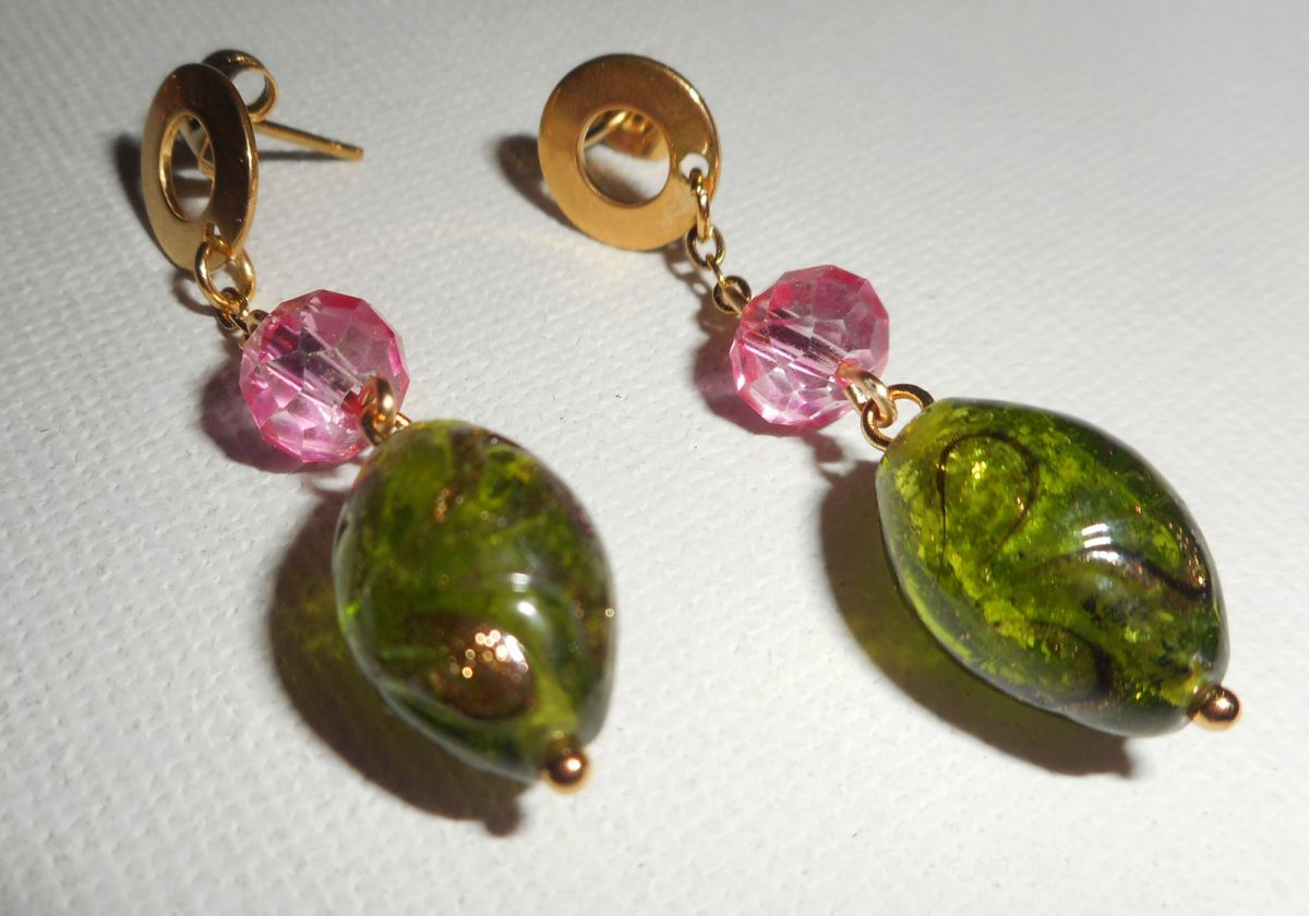 Parure Collier en Verre de Murano et cristal rose et vert sur chaine en acier